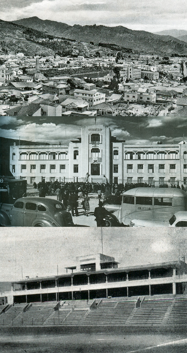 Panorámica del estadio Siles en los años cincuenta. Tenía capacidad para 25.000 espectadores, Fachada principal del estadio en 1948, Sector de "preferencia y butacas" del antiguo estadio